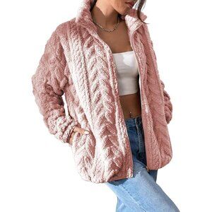 Women's Pink  Fleece Jacket 2026 Zipper Stand Collar Casual Coats with Pockets